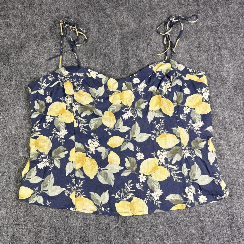 Abercrombie Blue Yellow Lemon Print Tie Shoulder Crop Tank Top XL Summer Linen